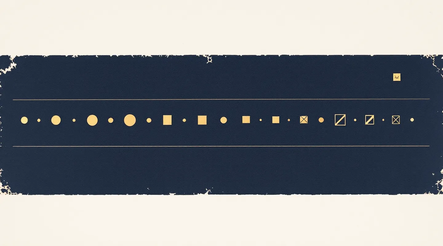 Hand-tipped editorial plate: fifteen champagne-gold brass markers laid on a deep navy ledger band over warm pressed paper