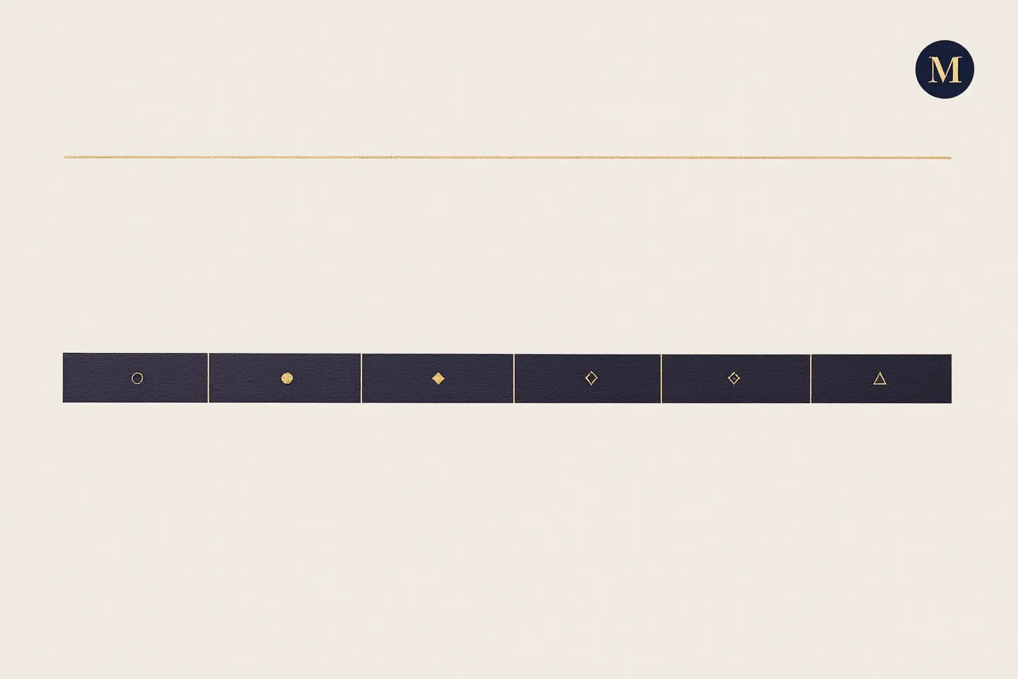 Editorial plate: a deep navy ledger band divided into four cells with champagne-gold geometric marks beneath a fine gold ceiling rule