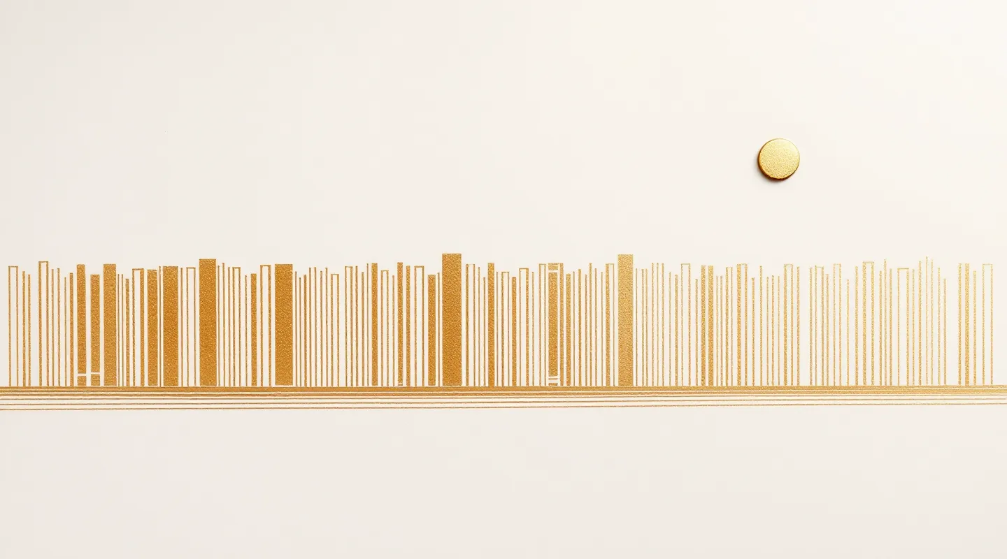 Editorial plate: a quiet row of twenty champagne-gold hairline marks above a fine gold fillet rule on warm pressed paper