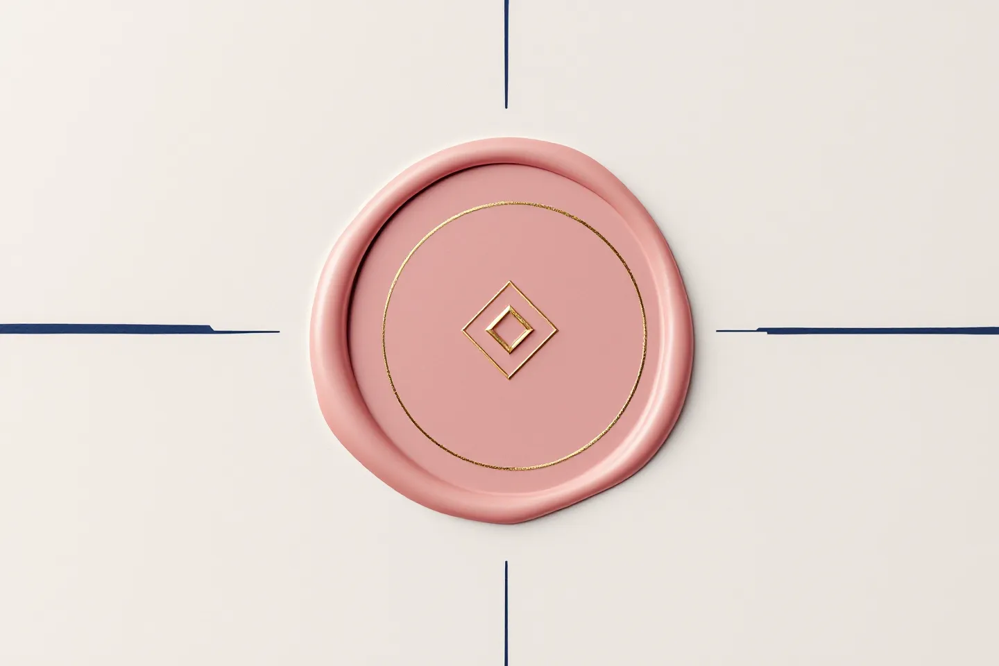 Editorial plate: a single warm cipria-pink wax-seal abstraction with a champagne-gold diamond mark and quiet horizontal navy and gold rules extending outward